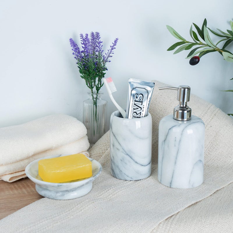 Creative Home Luxury Hand-Carved Natural Marble Toothbrush & Makeup Brush Holder â€“ Heavy-Duty Taiwan Yushan Stone for Bathroom, Vanity, Office & Desk Organizer (3.3â€ x 4.5â€, Off-White) - Image 4